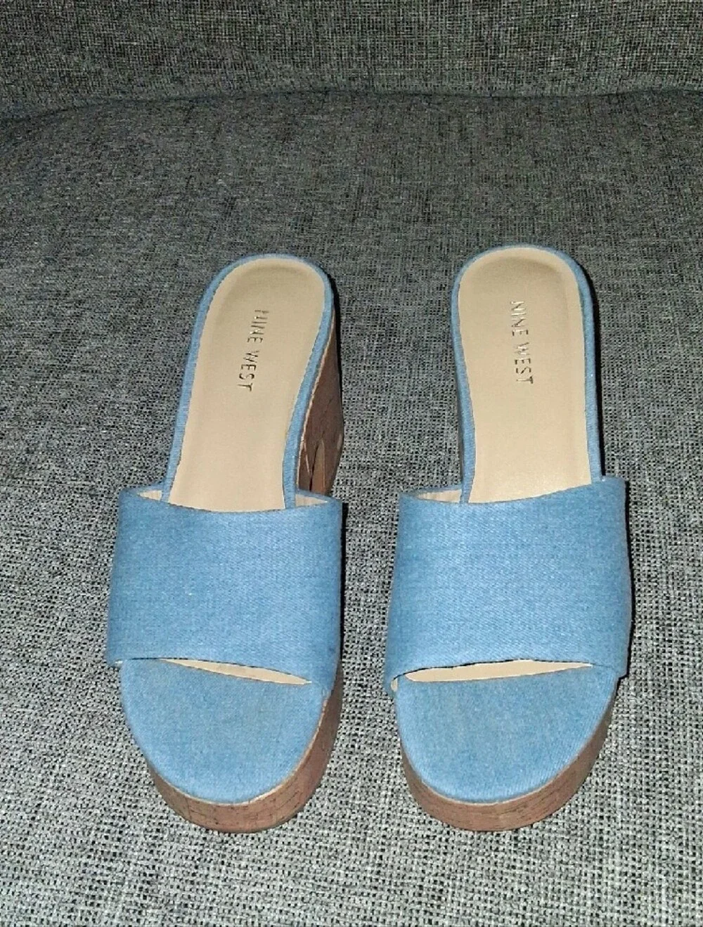 Nine West Light Denim Cork Platform Slide Sandals - Women